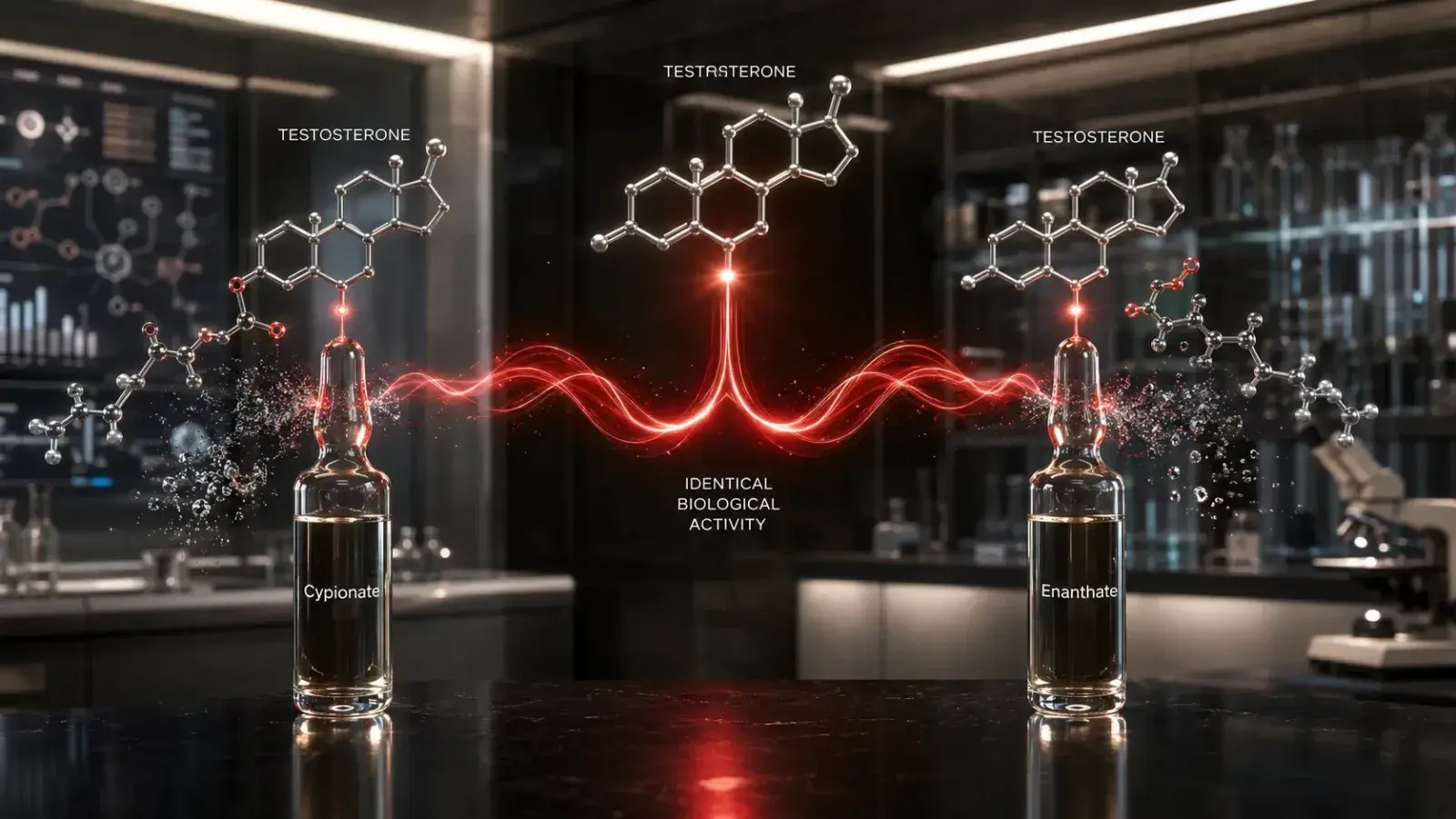 Illustration comparing Testosterone Cypionate and Testosterone Enanthate as two long-acting testosterone esters.